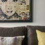Apartment in the city  | Detail of bespoke sofa, cushions and striking artwork  | Interior Designers